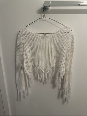 White Open-Knit Fringe Sweater